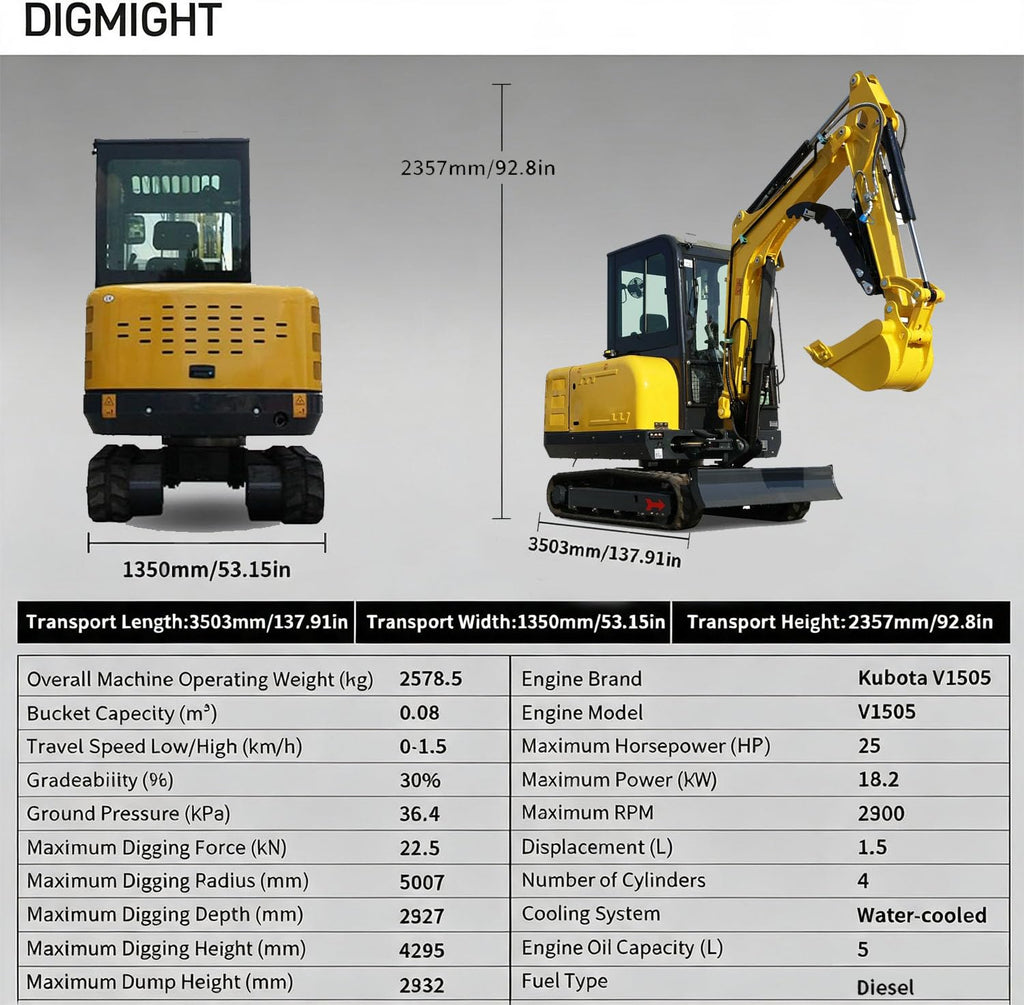 Powerful 3.5 Ton Mini Excavator Machine - Heavy-Duty with 25 HP Kubotadiesel EPA Engine, Air Conditioner & Pilot