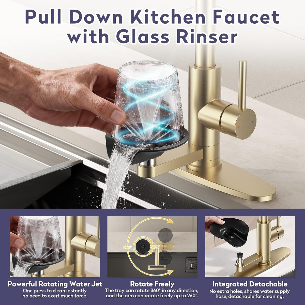 Brushed Gold Kitchen Faucet with Pull Down Sprayer & Cup Washer