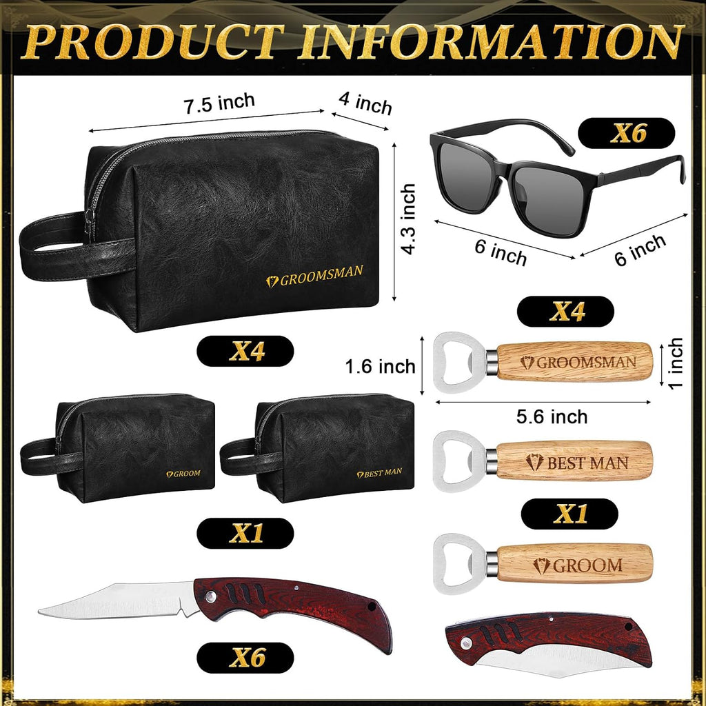 36 Pieces Groomsmen Gifts Set of 6, Groomsmen Proposal Box with Shot Glasses Sunglasses PU Leather Toiletry Bag Wood