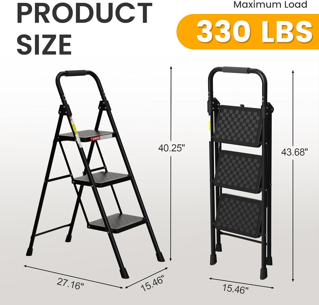 3 Step Ladder, Folding Step Stool with Wide Anti-Slip Pedal, Step Stool Foldable with Cushioned Handle for Home and