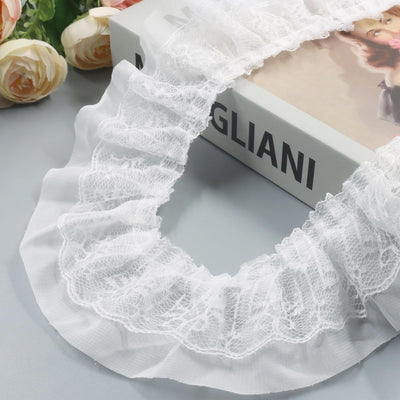 Double Layer Ruffle Lace Trim 11 Yardsx2.2 Wide, White Pleated