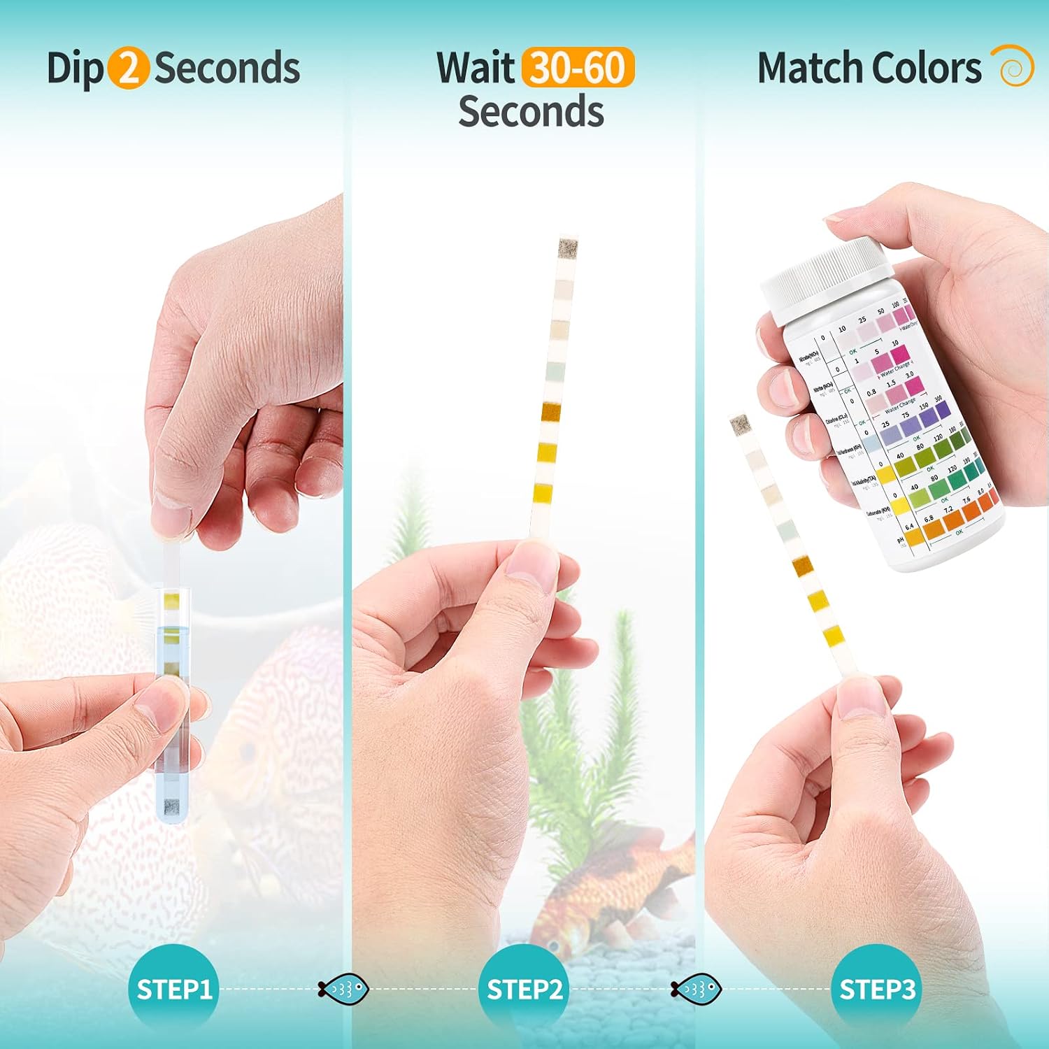 7 in 1 Aquarium Test Kit for Freshwater and Saltwater - 125 Aquarium Test Strips with Test Tube & Thermometer - Fast