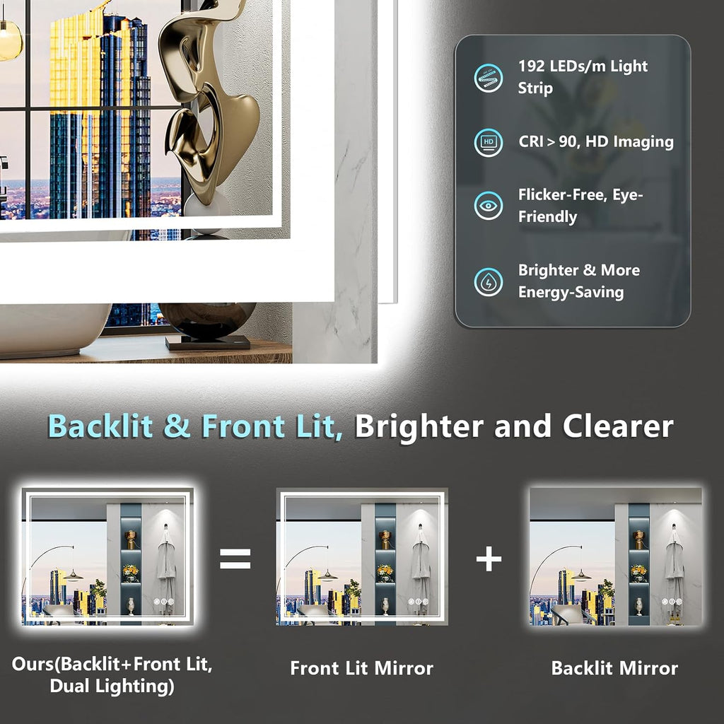 40x32 LED Bathroom Mirror with Lights, Backlit & Front Lit Anti-Fog | Lighted Vanity Mirror, Dimmable, 3-Color Temp