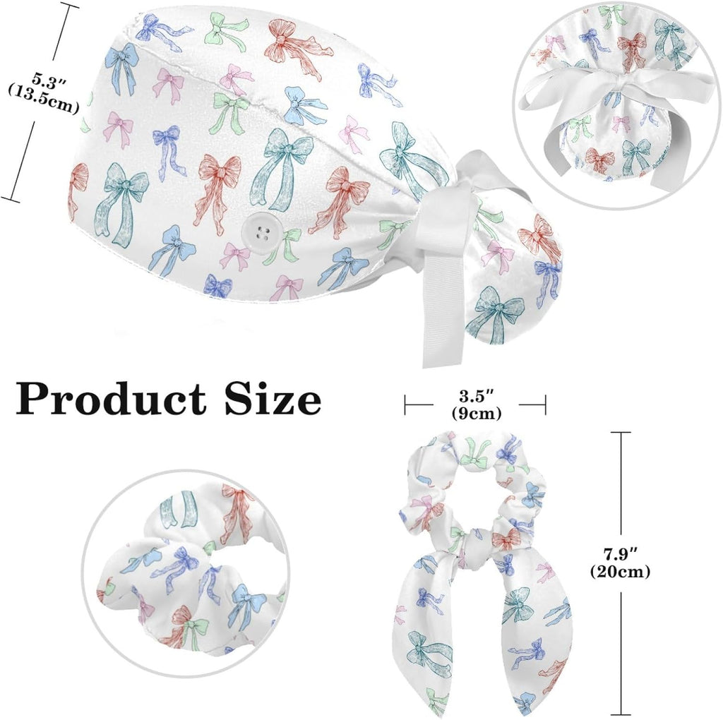 Scrub Caps Women Ponytail, Cute Print Surgical Cap with Bouffant Scrunchie