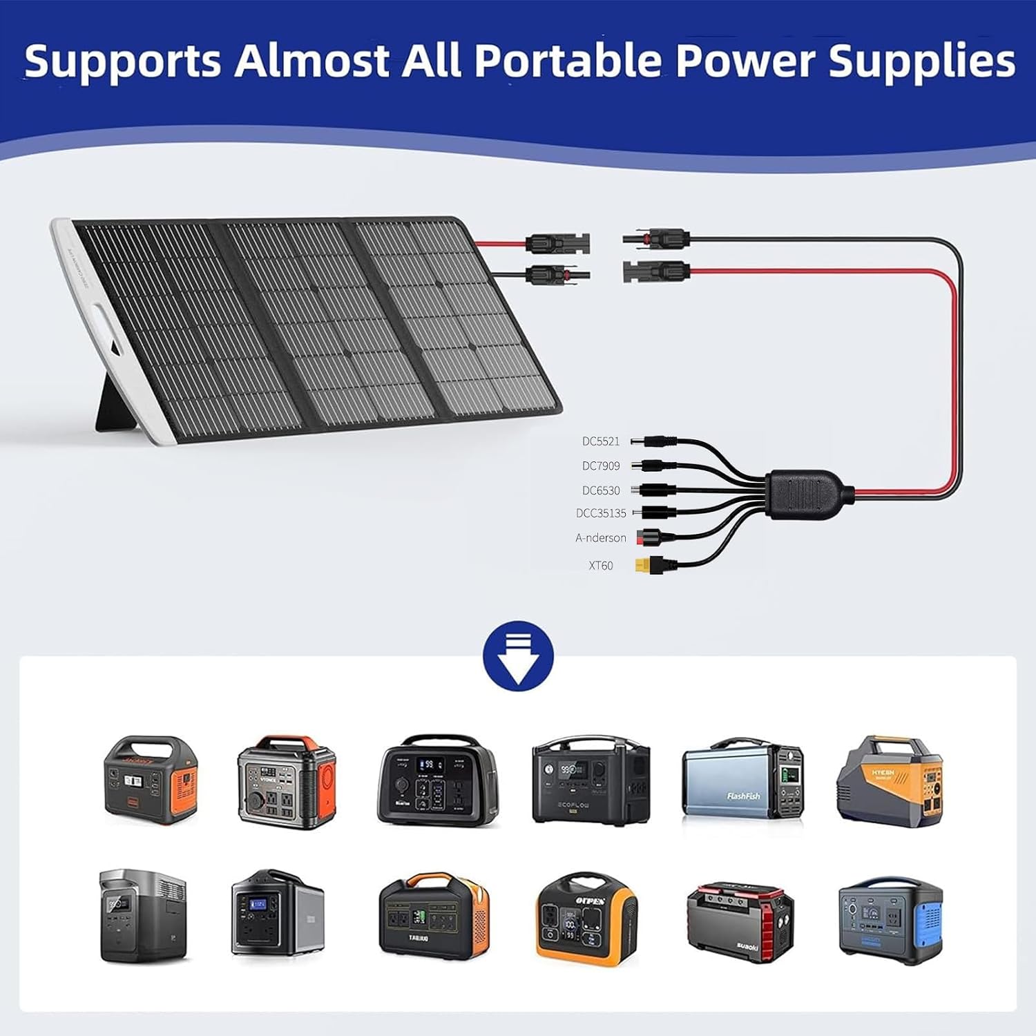6 in 1 Solar Extension Cable XT60 Anderson DC Adapters 3.6FT | Pure copper, IP67 waterproof, 12AWG 16AWG. Connects