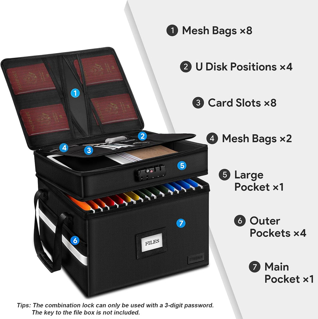 Fireproof File Organizer with Lock, 2 Layer Fireproof Document Box with 5 Tab Inserts, Portable Office File Cabinet