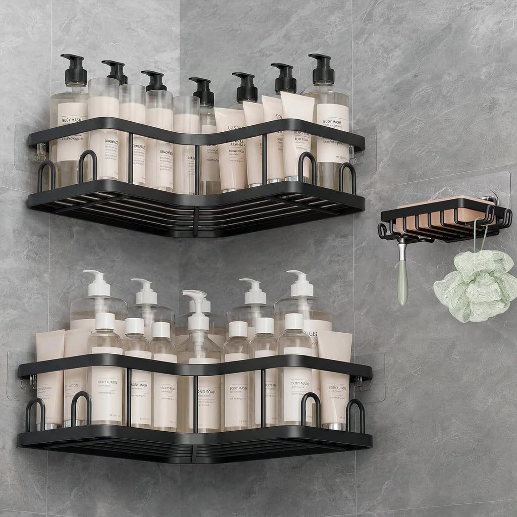 Corner Shower Caddy 3-Pack, Advanced Rustproof Design&Stable Storage | No Drilling Adhesive Shelves, Rack with Soap