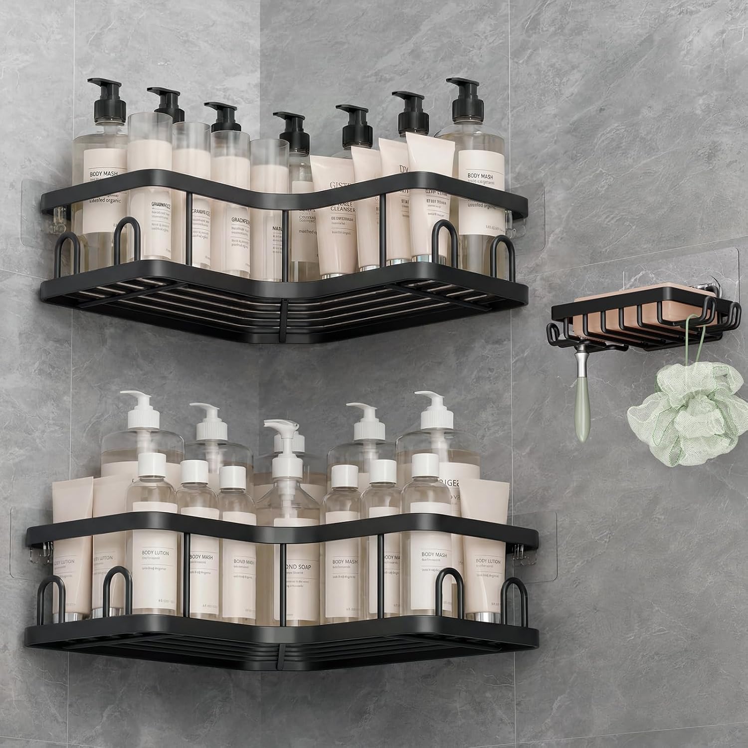Corner Shower Caddy 3-Pack, Advanced Rustproof Design&Stable Storage | No Drilling Adhesive Shelves, Rack with Soap