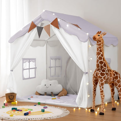 Kids Play Tent 2 in 1 with Padded Mat and Lights, Large Kids Playhouse with 2 Doors & 4 Windows, Indoor & Outdoor