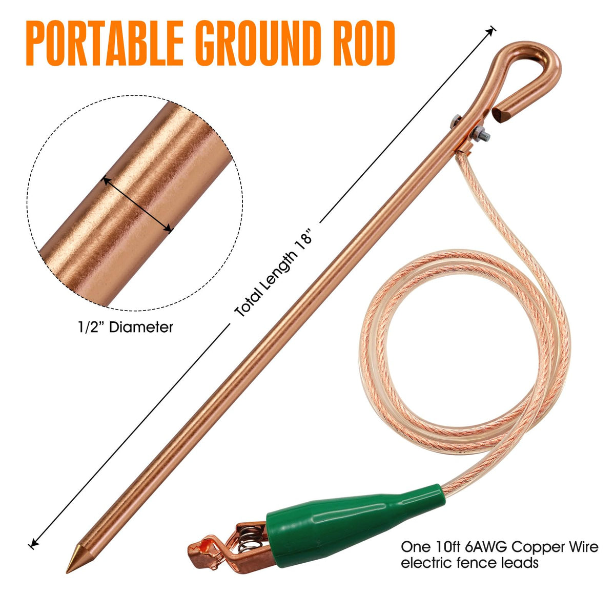 Portable Grounding Rod with 4Ft Long Flexible Bonding Wire with Copper Clip