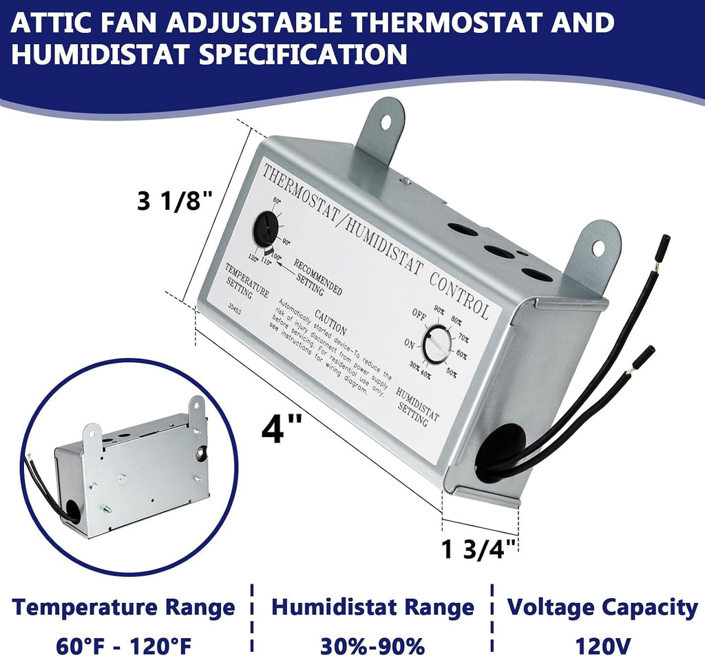 Attic Fan with Thermostat Humidistat Controller, Adjustable Temperature Humidity Controller for Workshops Greenhouses