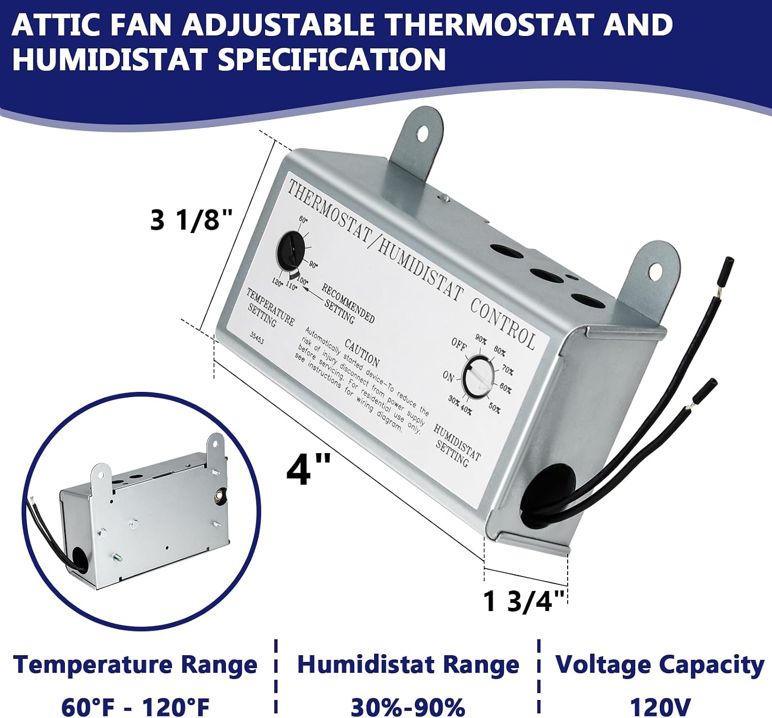 Attic Fan with Thermostat Humidistat Controller, Adjustable Temperature Humidity Controller for Workshops Greenhouses
