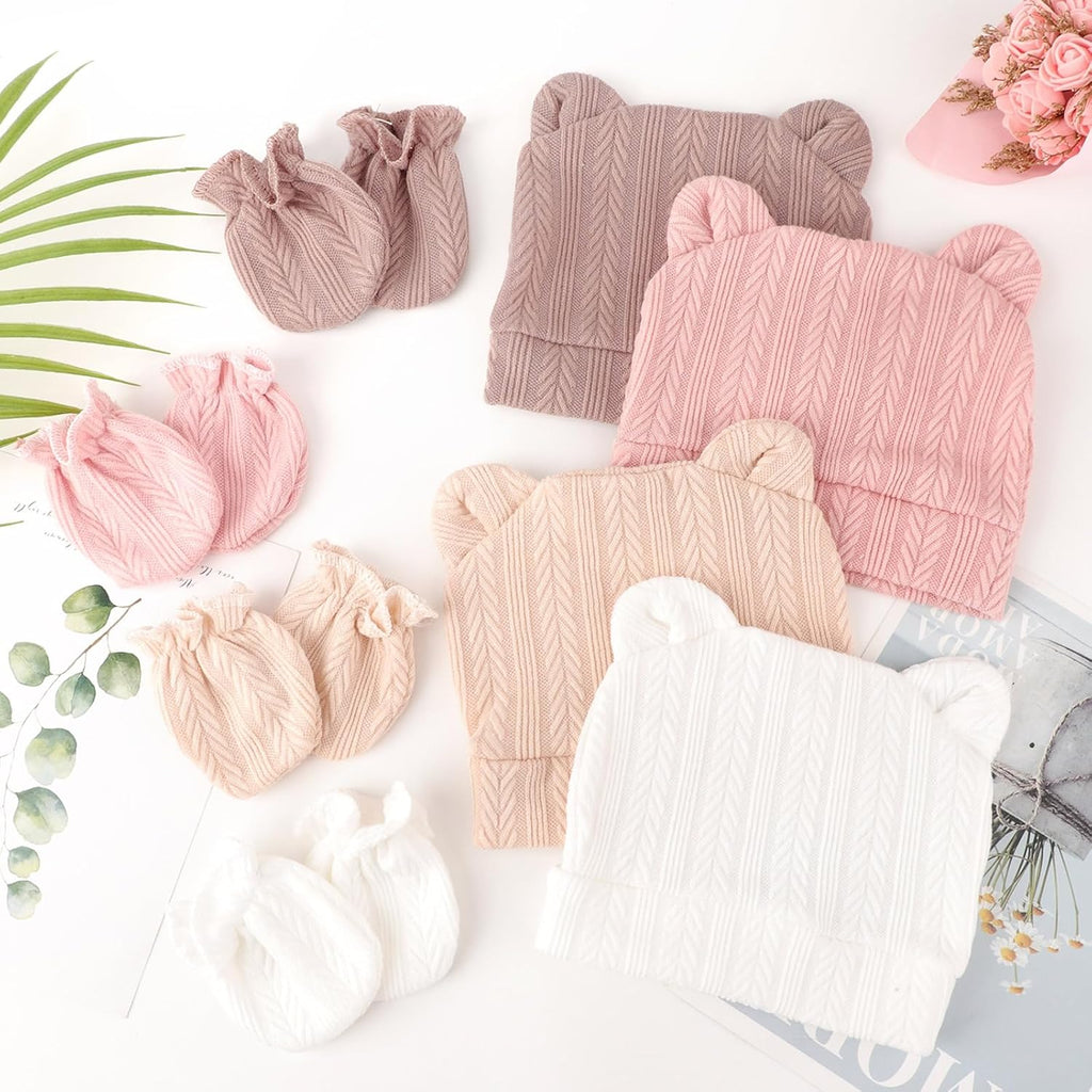 BQUBO Newborn Baby Hats Bear Ears and Mittens Sets Preemie Caps Baby Boy Girl Infant Hospital Beanie for 0-3 Months