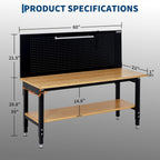 60 * 22 Garage Work Bench with Storage, Pegboard & Power Strip