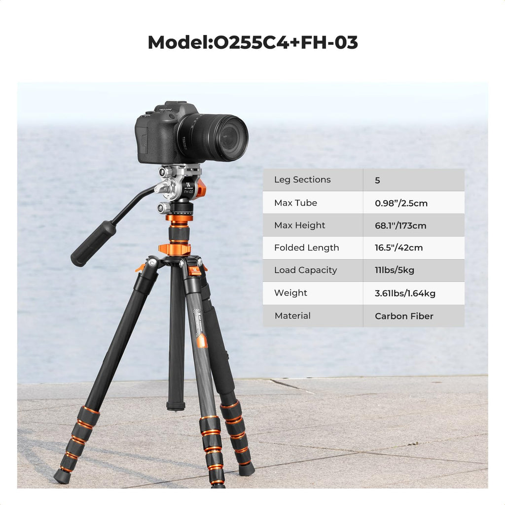 68'' Carbon Fiber Tripod with Fluid Head | Max Load 11lbs, Lightweight DSLR Tripods & Monopods for Canon Sony Nikon