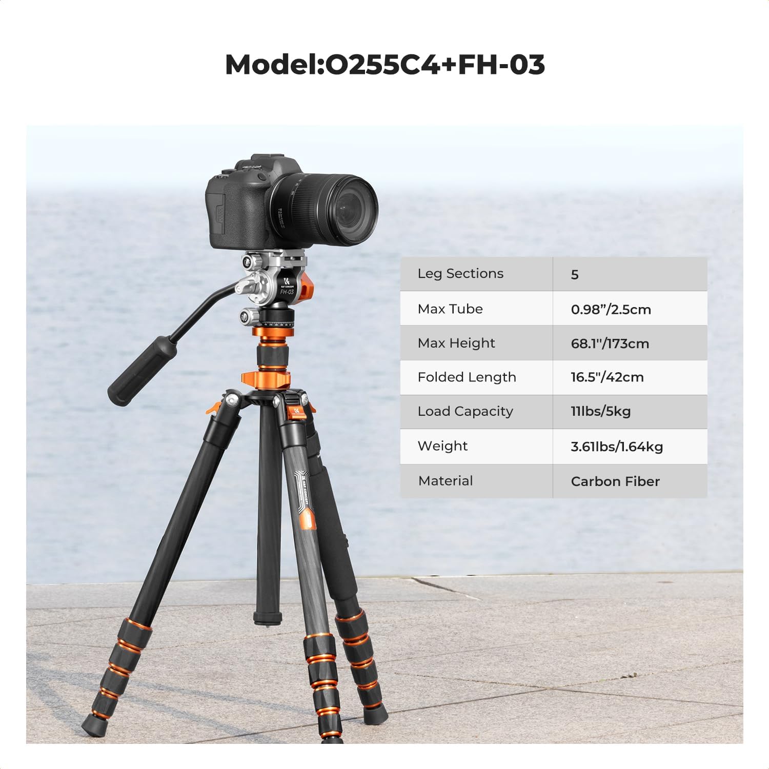 68'' Carbon Fiber Tripod with Fluid Head | Max Load 11lbs, Lightweight DSLR Tripods & Monopods for Canon Sony Nikon