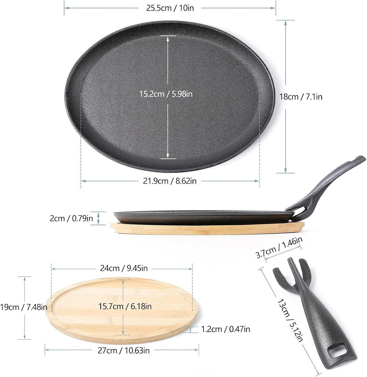 Cast Iron Fajita pan with Bamboo Tray and Handle Set of 4