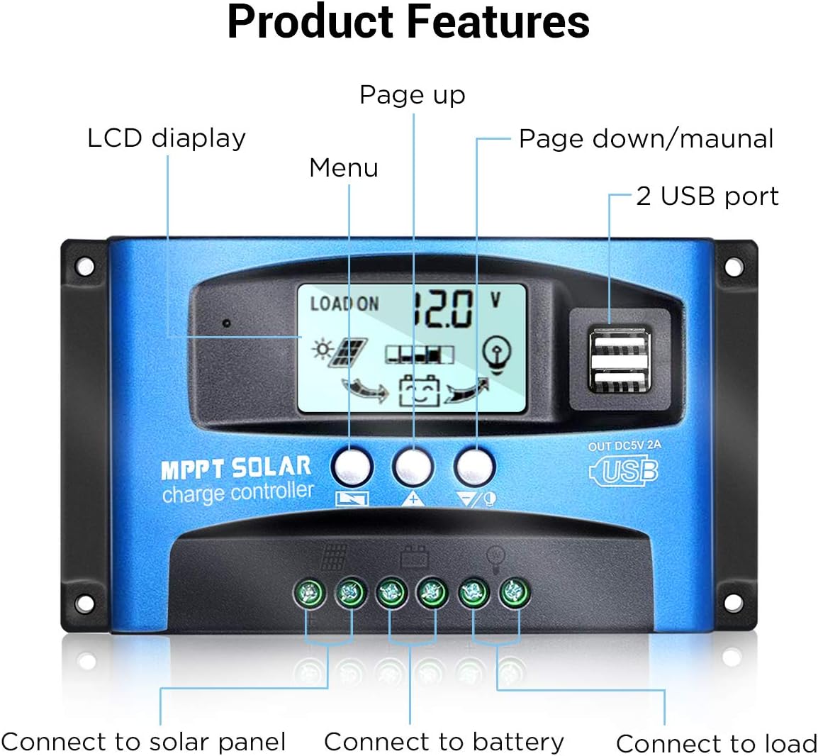 MPPT Solar Charge Controller 30A 12V/24V Auto Solar Panel Intelligent Regulator with Dual USB Port LCD Display for