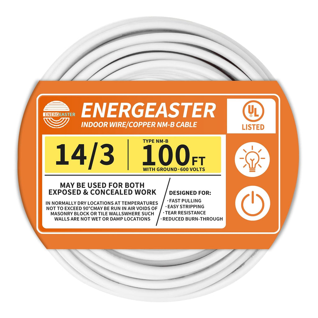 Energeaster Solid Indoor 14/3 NM-B Copper Cable with Ground 100FT, White