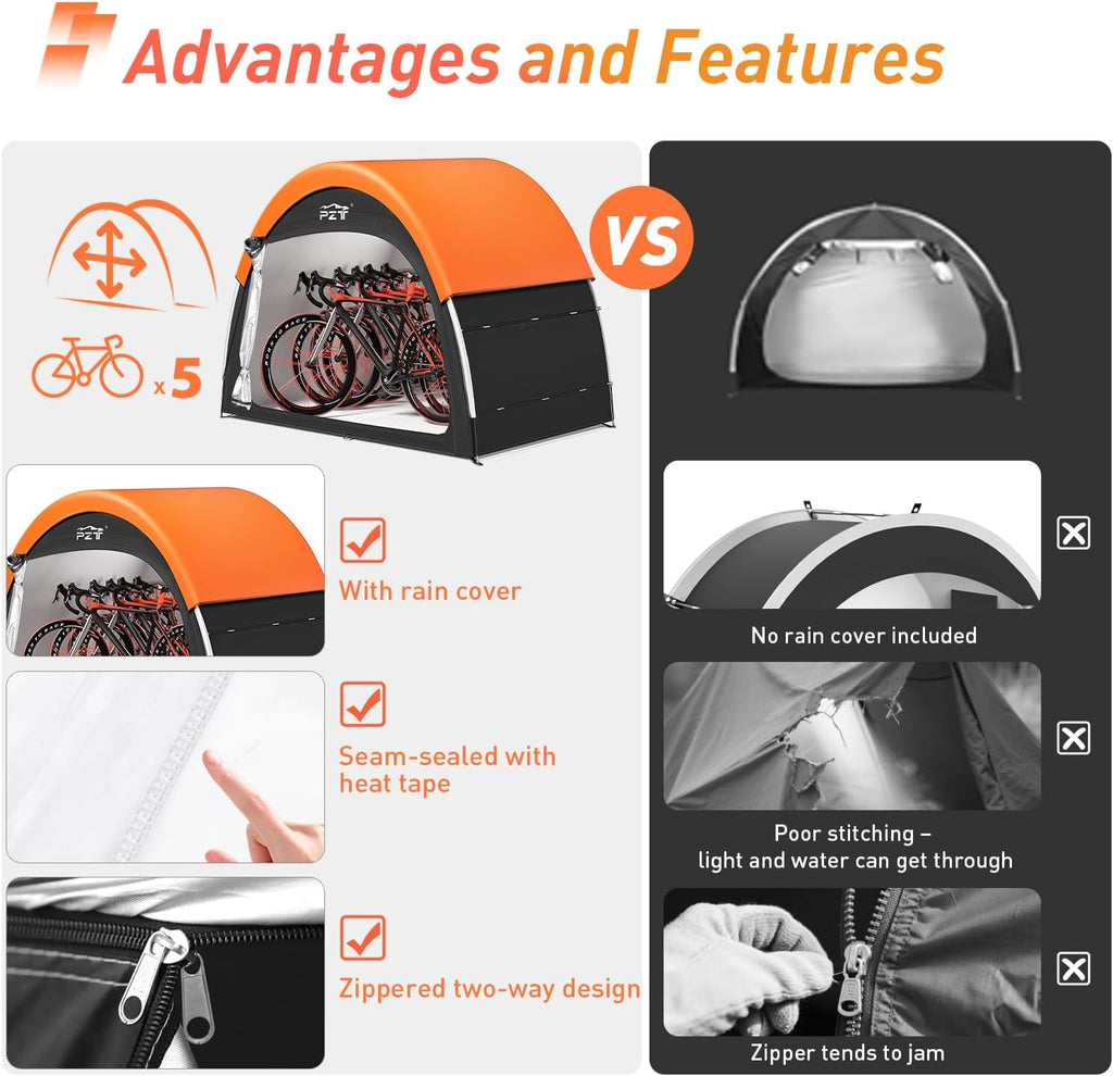 Upgraded Bike Tent with Rain Cover, Outdoor Storage Shed for 4-5 Bikes | 210D Oxford Fabric PU4000 Waterproof, Bike