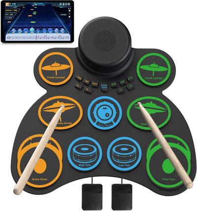 Portable Electric Drum Set for Kids,9+2 Pads Electronic Drum Pad with 0.5in Thickened Silicone&Foot Pedals&Sticks