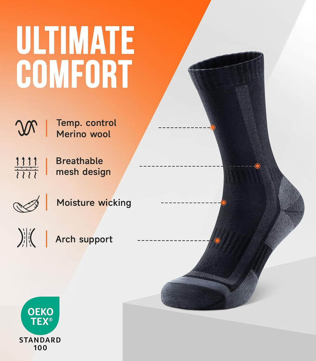 Merino Wool Hiking Socks for Men Women, 3 Pairs Lightweight Breathable Hiking Socks with Seamless Toe and Arch Support