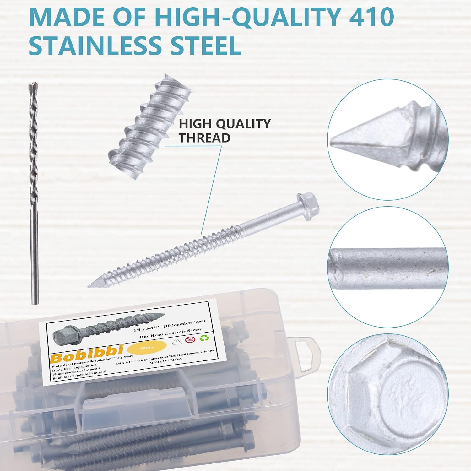1/4 x 3-1/4" 410 Stainless Steel Hex Head Tapcon Concrete Screw Anchor, for Anchoring to Masonry, Block or Brick