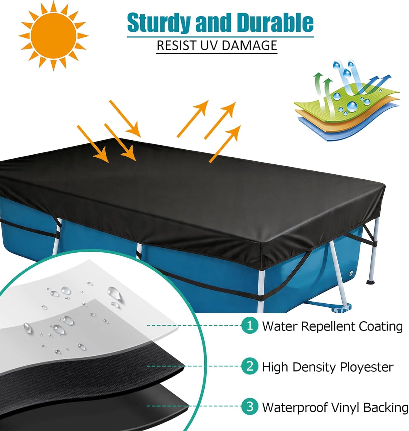 118in x 79in Rectangle Pool Cover for Above Ground Pool, Heavy-Duty Waterproof Dustproof Solar Cover, Made of 210D