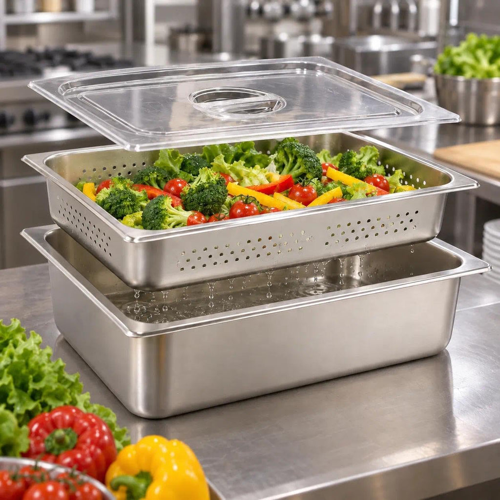Full Size 4" Deep Perforated Hotel Pan with 6" Deep Water Pan & Clear Lid, Display Tray Condiment Serving Container