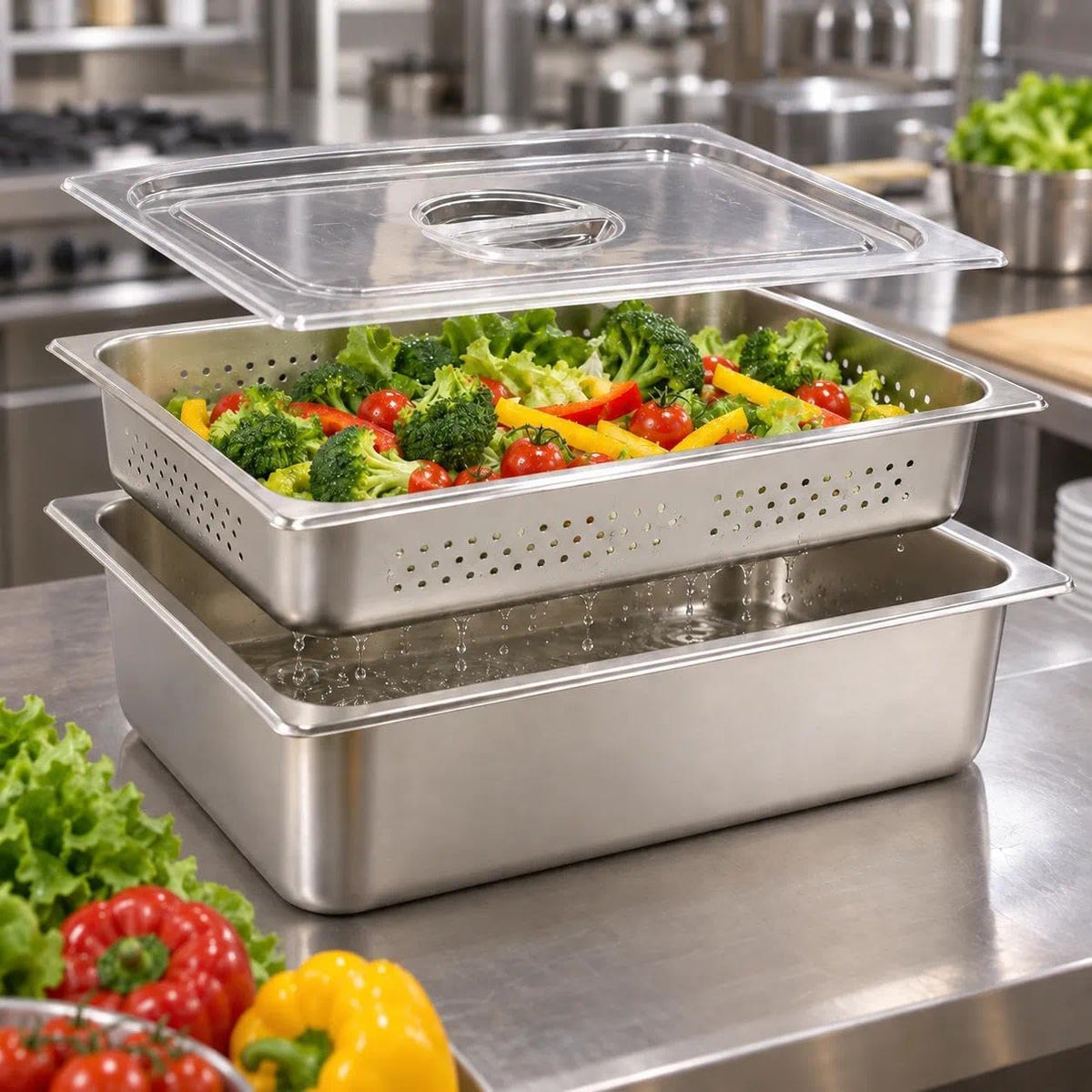 Full Size 4" Deep Perforated Hotel Pan with 6" Deep Water Pan & Clear Lid, Display Tray Condiment Serving Container