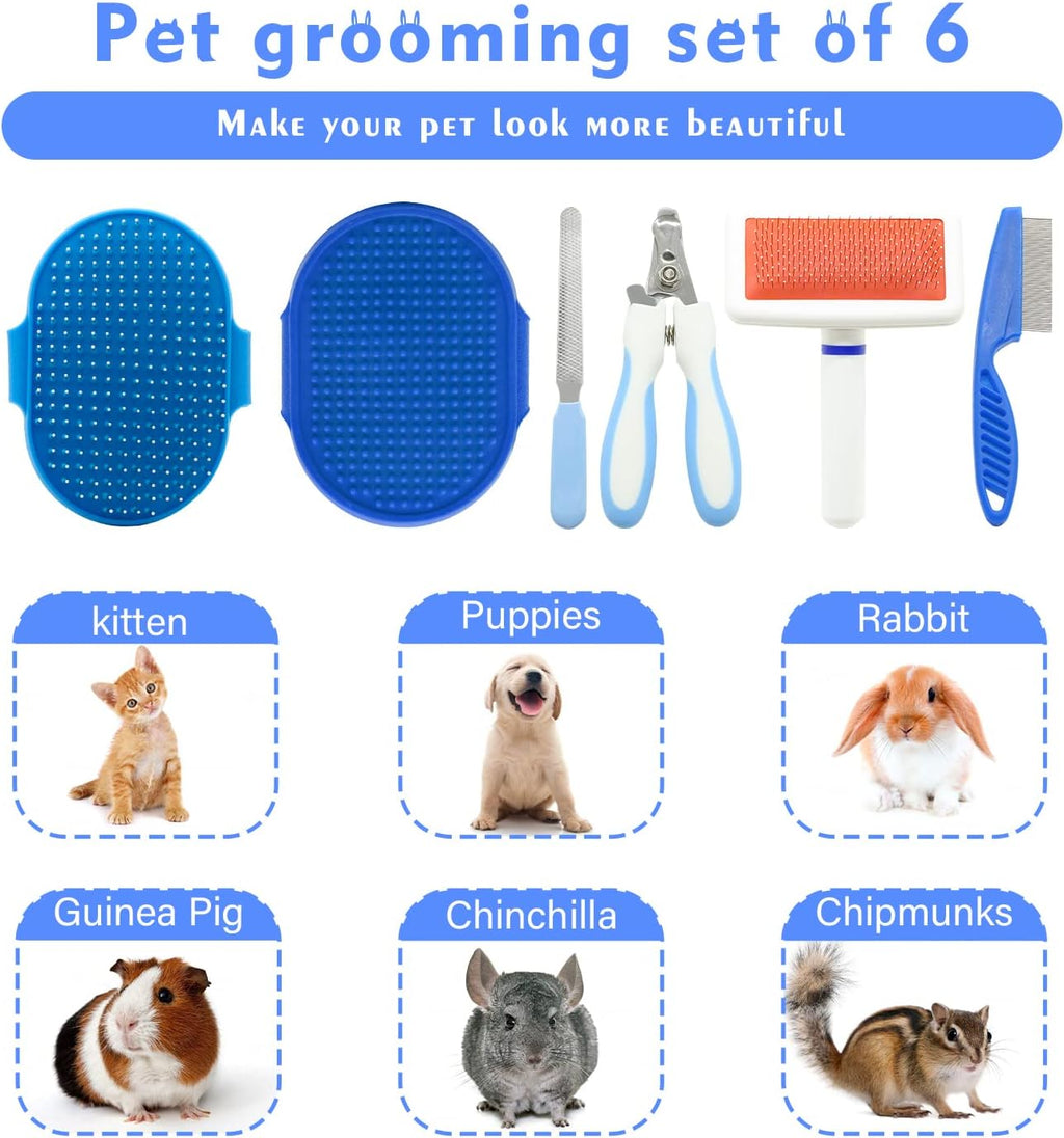 Pet Grooming Kit with Slicker Brush Bath Massage Glove Brush Pet Shedding Comb Nail Clipper Trimmer 6 Piece Set for