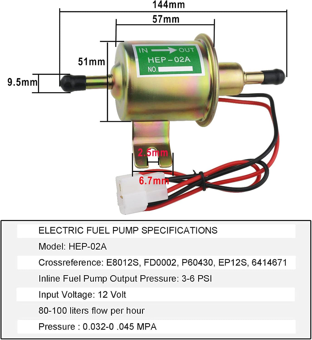 Universal Electric Fuel Pump Kit with DC 12V (3-6PSI) Fuel Pump | 2M 5/16" ID Fuel Line, Fuel Filters, 10pcs Hose Clamp