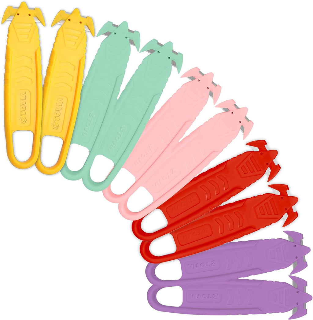 Safety Box Cutter Knife, Recessed SS Blade, 10-Pack, 5 Colors
