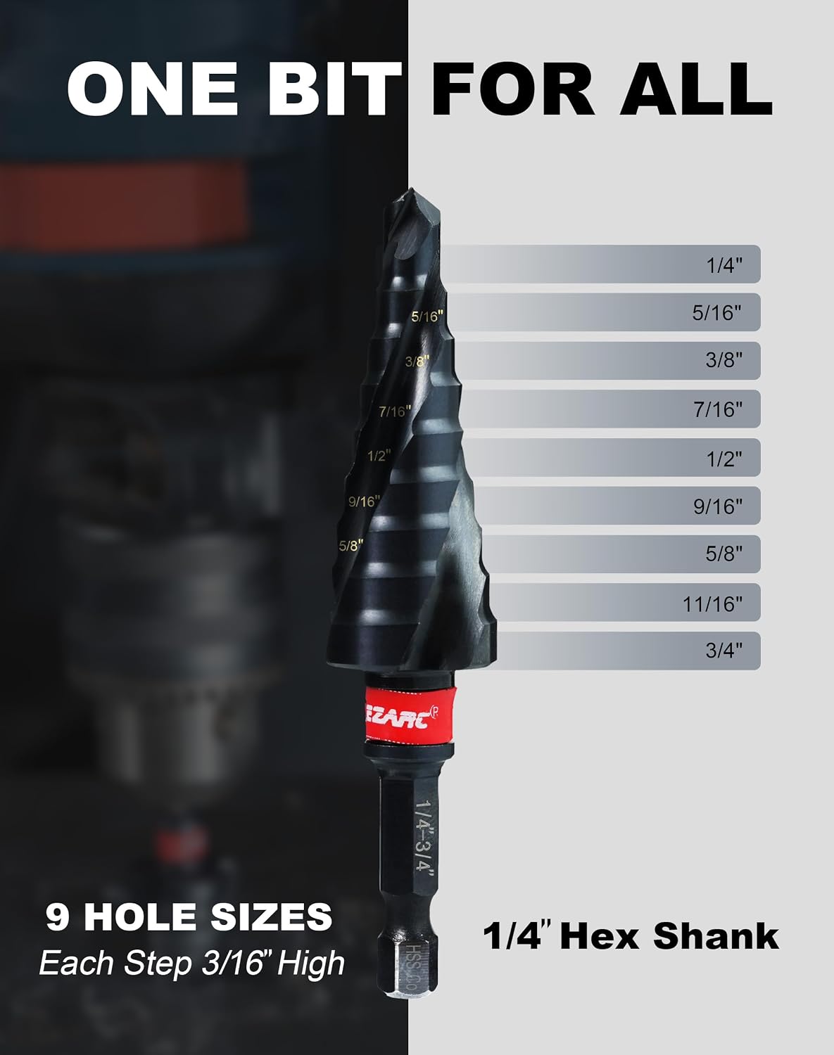 EZARC M35 Cobalt Step Drill Bit for Metal, 1/4"-3/4", 1/4" Hex Shank