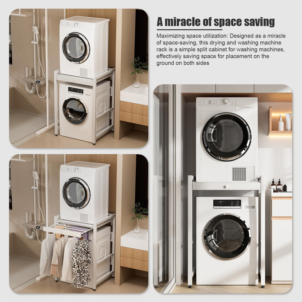 pofluany Washer Dryer Stacking Kit with Pull-Out Sliding Plate, Height Adjustable WasherDryer Stacking Rack Stand, Over The Washer and Dryer Stackable Shelf, Washing Machine Stand White