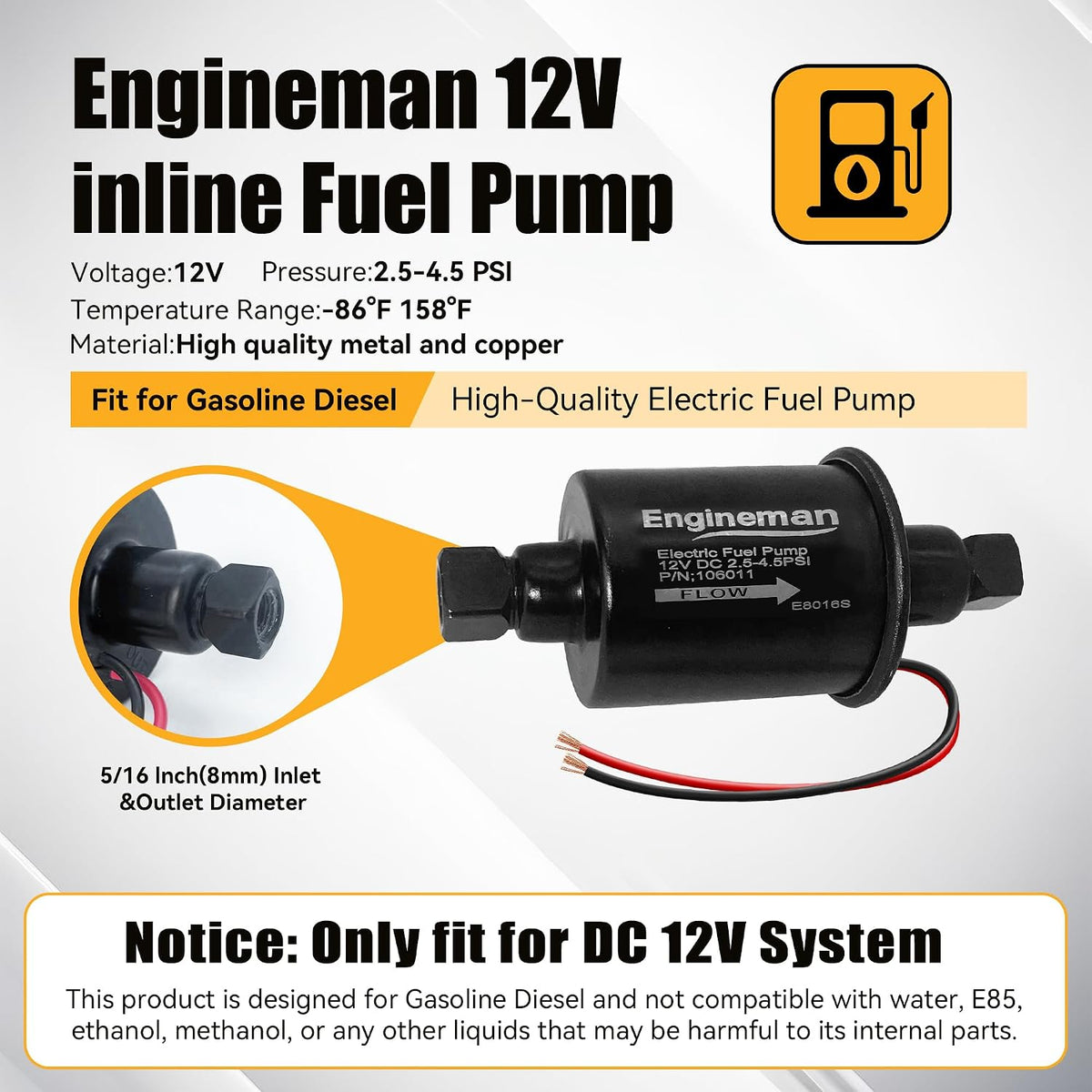 Universal Electric Fuel Pump 12V 2.5-4.5 PSI Inline External 5/16 Inch Compatiable with Gas Diesel Marine Carburetor