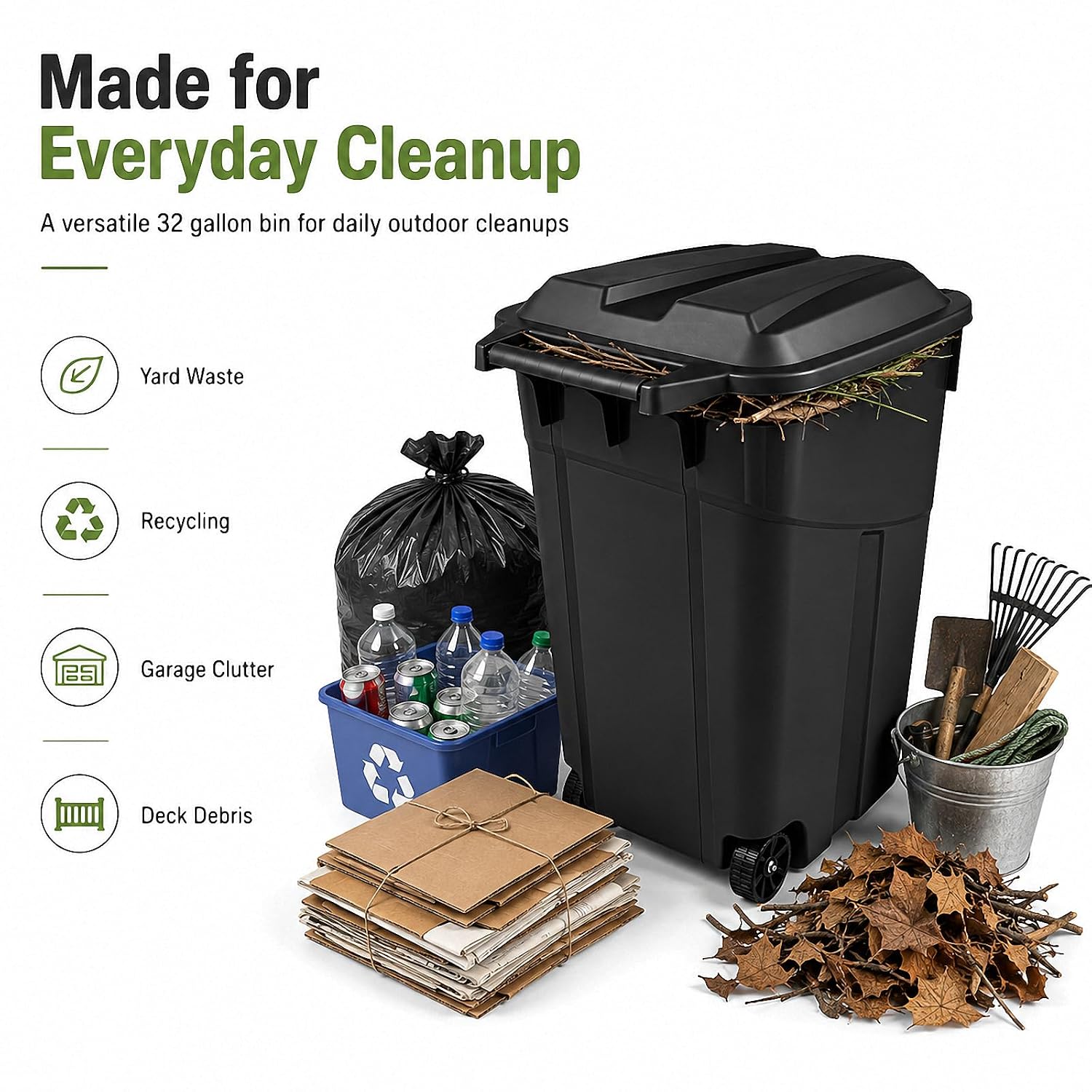 32 Gallon Wheeled Outdoor Trash Can Heavy Duty Garbage Bin with Lid | Secure snap lock lid and rugged wheels for