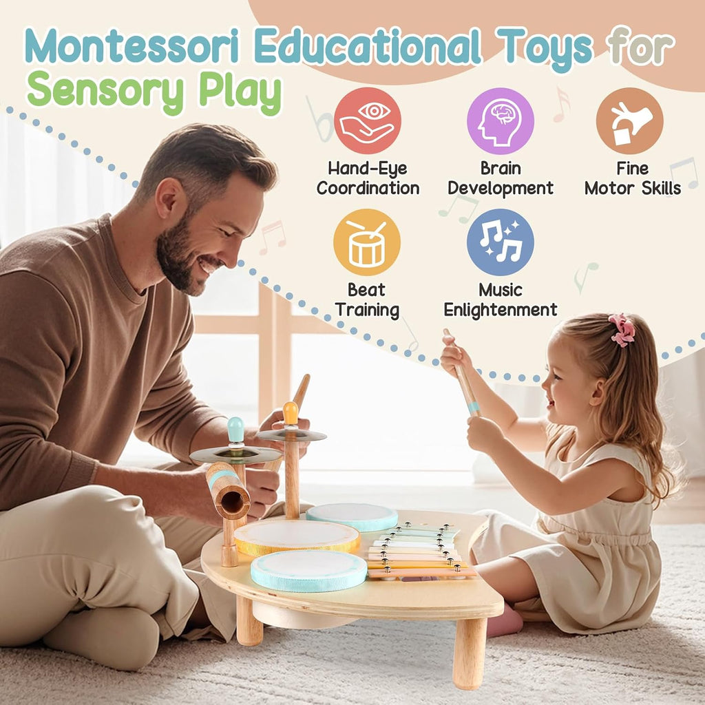 Kids Drum Set, Montessori Toys Wooden Musical Instruments for Baby Toddlers | Drum Kit with Cymbals & Xylophone