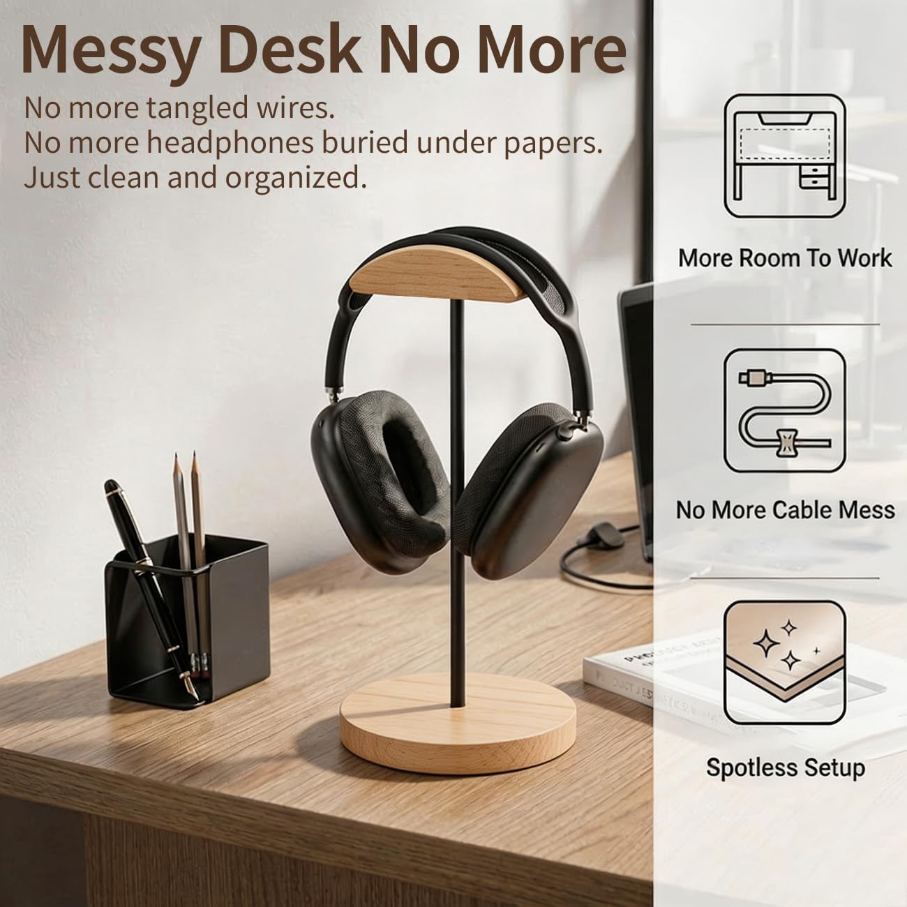 Headphone Stand Nature Wood & Metal Headset Hanger Mount Hook Gaming Holder Desktop Earphone Artful Functional