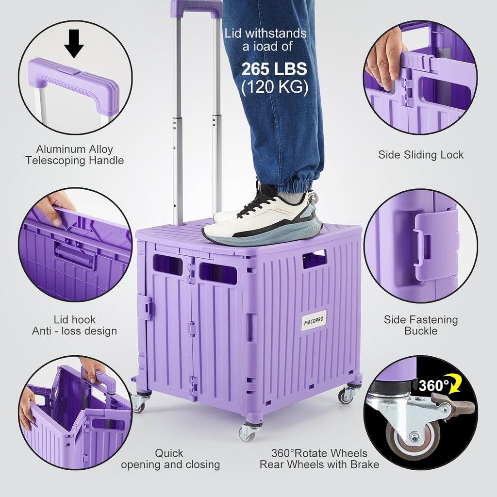 Foldable Utility Cart Folding Portable Rolling Crate Handcart with Durable Heavy Duty Plastic Telescoping Handle
