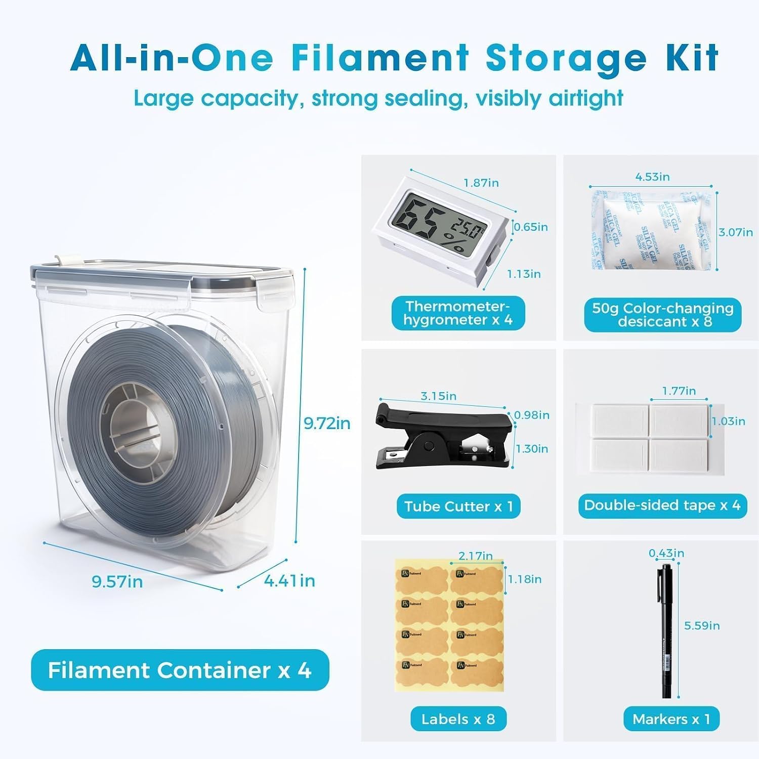 Filament Storage Box - 4 Pack 4L 3D Printer Filament Containers with 4 Hygrometers, Airtight Dry Boxes for Sealing