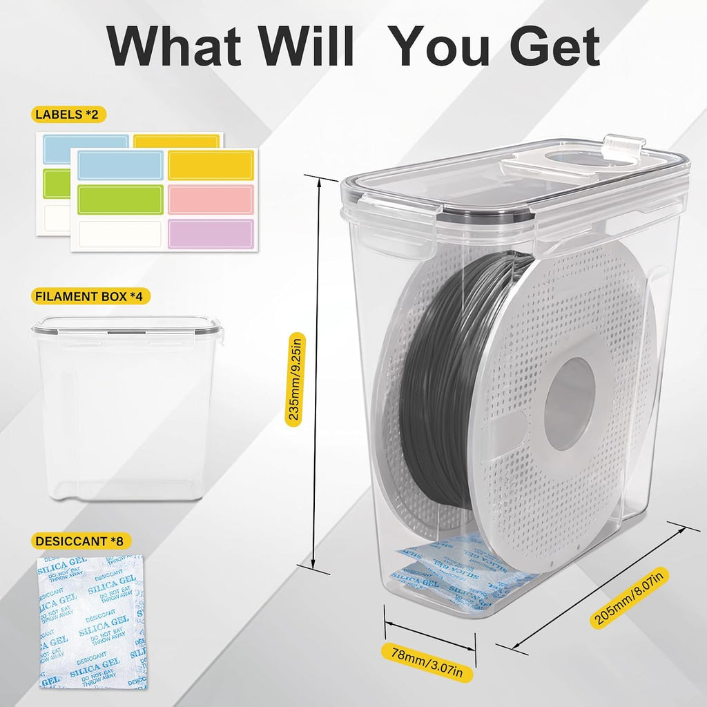 3D Printer Filament Storage Box, 4-Pack Dry Box with Reusable Silica Gel Desiccant for 1KG PLA ABS PETG Filament