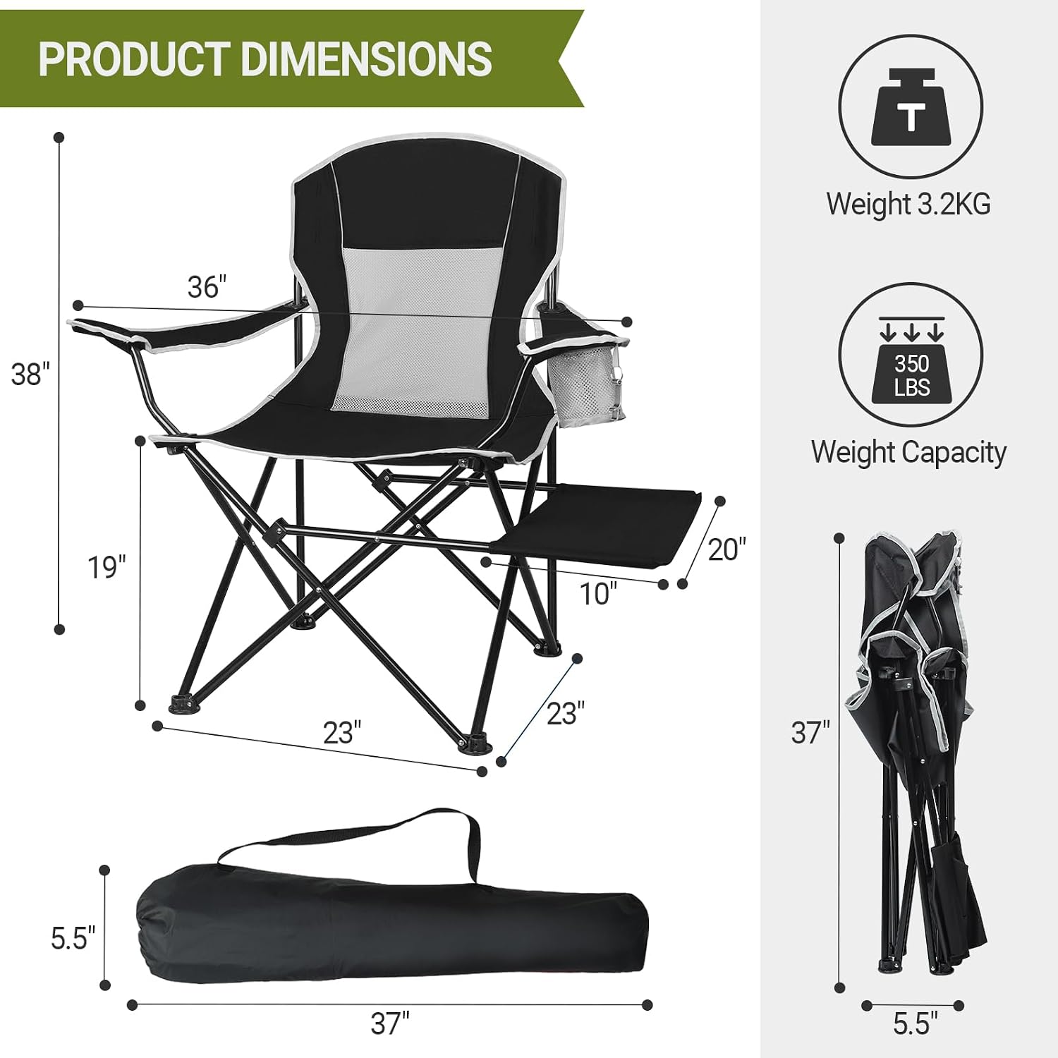 2-Pack Camping Chairs 350LBS Heavy Duty Folding Chair with Side Table | Portable, Sturdy, With Cup Holder