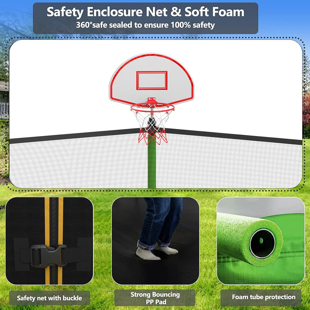 Upgraded 16FT 15FT 14FT 12FT 10FT 8FT Trampoline Outdoor with Basketball Hoop and Net, Capacity for 4-6 Kids and Adults