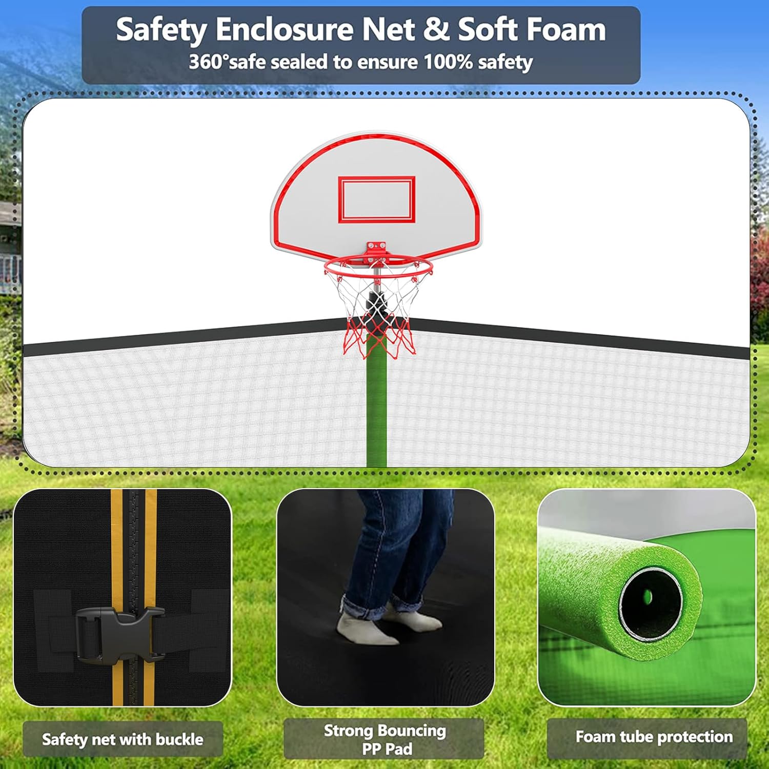 Upgraded 16FT 15FT 14FT 12FT 10FT 8FT Trampoline Outdoor with Basketball Hoop and Net, Capacity for 4-6 Kids and Adults