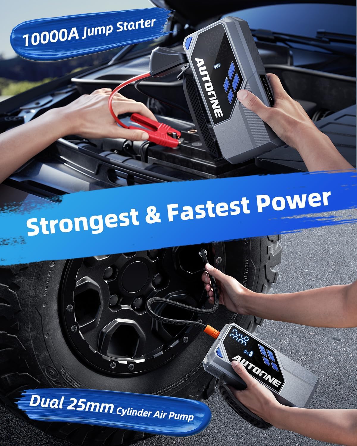 10000A Jump Starter with Air Compressor, 24000mAh Jump Box with Tire Inflator (All Gas & Diesel) Portable Car Battery