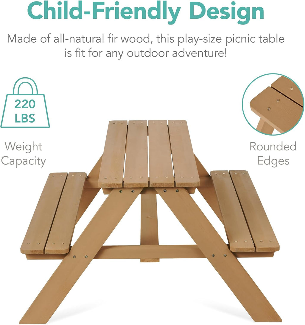Wooden Kids Picnic Table with Umbrella, Outdoor Activity Table Set with Built-in Benches, 220 lb Capacity per Bench
