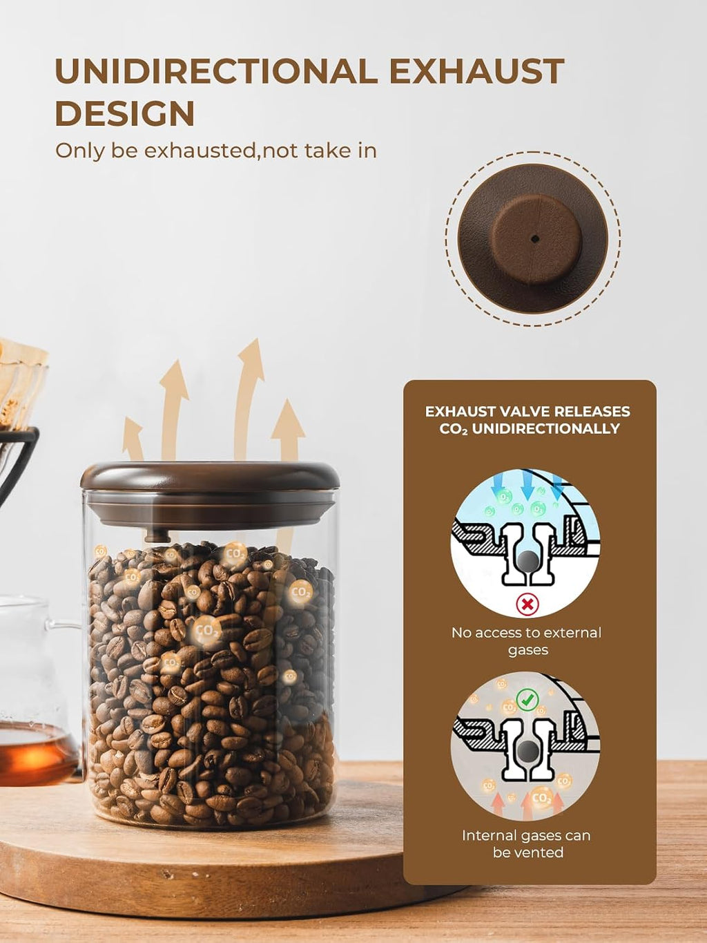 Glass Coffee Bean Jar – Pop Top Air Tight Coffee Bean Container with CO2 Valve, 10 oz Coffee Storage Airtight