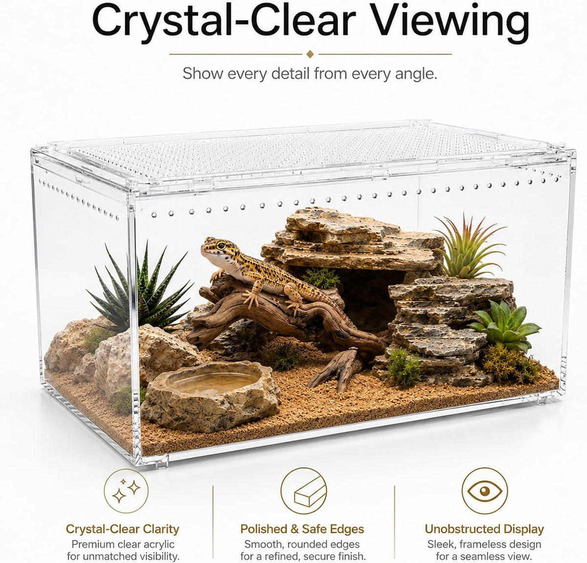 Large Clear PC Reptile Terrarium, 11.81×7.87×5.91 Inch Ventilated Habitat with Magnetic Door for Gecko, Frog