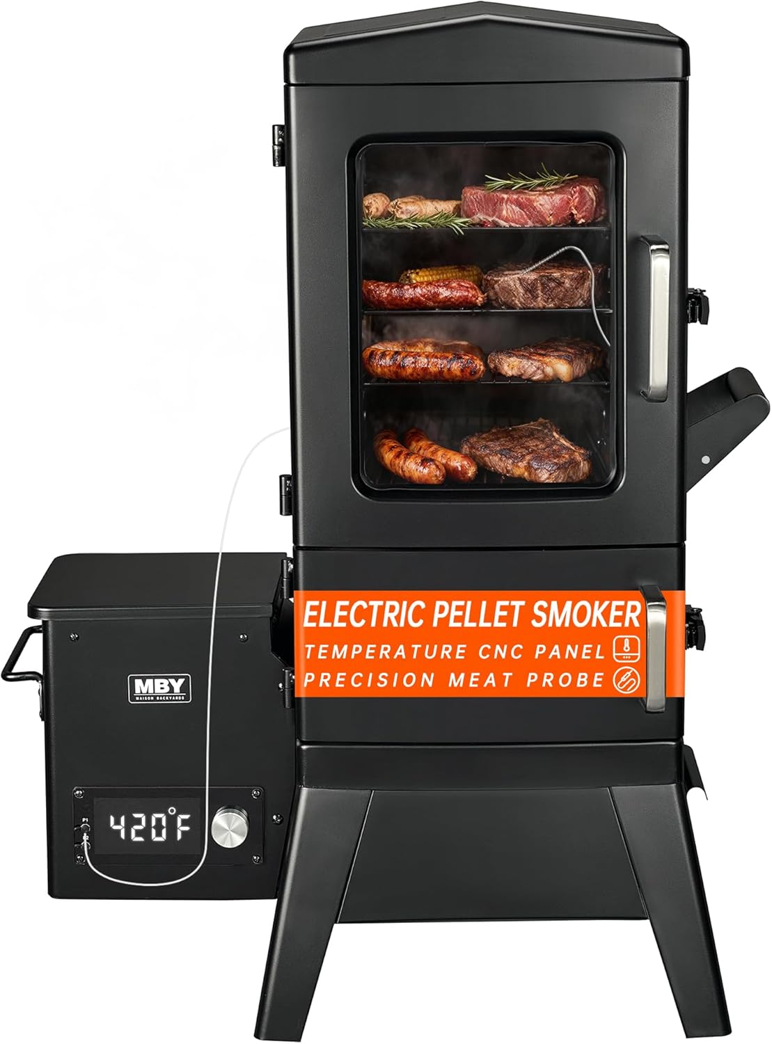 Vertical Pellet Smoker with Cover & Meat Probe, 4-Rack Electric BBQ Smoker Grill, 616 sq in Cooking Space, Digital